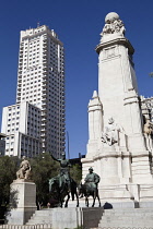 Spain, Madrid, Statues of Cervantes Don Quixote and Sancho Panza in the Plaza de Espana.