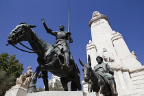 Spain, Madrid, Statues of Cervantes Don Quixote and Sancho Panza in the  Plaza de Espana.