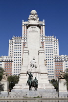 Spain, Madrid, Statues of Cervantes Don Quixote and Sancho Panza in the  Plaza de Espana.