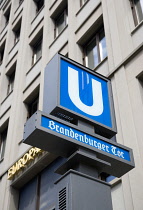 Germany, Berlin, Mitte, blue U-Bahn undergound sign at Brandenburger Tor, Brandenburg Gate.