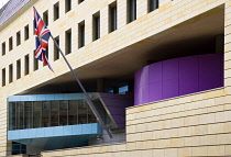 Germany, Berlin, Mitte, front of The British Embassy with Union flag on Wilhelmstrasse by architects Michael Wilford and Partners.