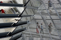 Germany, Berlin, Mitte, Tiergarten, interior of the glass dome on the top of the Reichstag building designed by architect Norman Foster with a double-helix spiral ramp around the mirrored cone that re...
