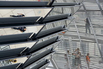 Germany, Berlin, Mitte, Tiergarten, interior of the glass dome on the top of the Reichstag building designed by architect Norman Foster with a double-helix spiral ramp around the mirrored cone that re...
