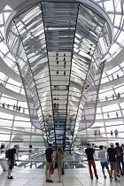 Germany, Berlin, Mitte, Tiergarten, interior of the glass dome on the top of the Reichstag building designed by architect Norman Foster with a double-helix spiral ramp around the mirrored cone that re...