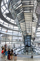 Germany, Berlin, Mitte, Tiergarten, interior of the glass dome on the top of the Reichstag building designed by architect Norman Foster with a double-helix spiral ramp around the mirrored cone that re...