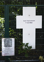 Germany, Berlin, Mitte, memorial to an East German named Axel Hannamann killed trying to cross the Berlin Wall near the Brandenburg Gate on 5th June 1962 during the Cold War.