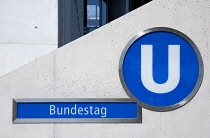 Germany, Berlin, Mitte, Bundestag U-Bahn underground station entrance.
