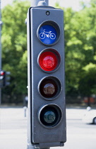 Germany, Berlin, Mitte, pedestrian crossing lights including light for cyclists.