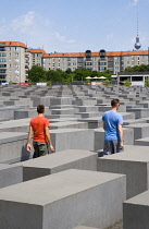 Germany, Berlin, Mitte, Holocaust Memorial designed by US architect Peter Eisenmann with a field of grey slabs symbolizing the millions of Jews killed by the Nazis.