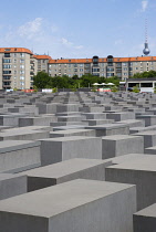 Germany, Berlin, Mitte, Holocaust Memorial designed by US architect Peter Eisenmann with a field of grey slabs symbolizing the millions of Jews killed by the Nazis.