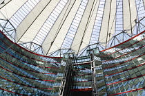 Germany, Berlin, Mitte, Potsdamer Platz, The Sony Centre designed by architect Helmut Jahn with the canopy over the central Forum of restaurants, offices, cinemas, shops and apartments.