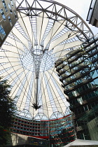 Germany, Berlin, Mitte, Potsdamer Platz, The Sony Centre designed by architect Helmut Jahn with the canopy over the central Forum of restaurants, offices, cinemas, shops and apartments.