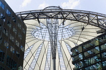 Germany, Berlin, Mitte, Potsdamer Platz, The Sony Centre designed by architect Helmut Jahn with the canopy over the central Forum of restaurants, offices, cinemas, shops and apartments.