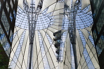 Germany, Berlin, Mitte, Potsdamer Platz, The Sony Centre designed by architect Helmut Jahn with the canopy over the central Forum of restaurants, offices, cinemas, shops and apartments.