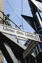 Germany, Berlin, Mitte, roadsigns at the junction of Unter den Linden and Friedrichstrasse.