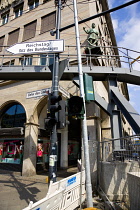 Germany, Berlin, Mitte, roadsigns at the junction of Unter den Linden and Friedrichstrasse with reconstruction work in progress.