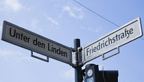 Germany, Berlin, Mitte, Roadsigns for Unter den Linden and Friedrichstrasse.