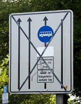 Germany, Berlin, Mitte, Unter den Linden roadsign showing multiple lanes crossed out to show cancellations whilst reconstruction work is in progress.