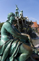 Germany, Berlin, Mitte, The Neptune Fountain or Neptunbrunner by Reinhold Begas dated 1891 with a female statue representing the Elbe one of the four main rivers of Prussia beside Marienkirche St Mary...