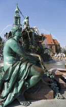 Germany, Berlin, Mitte, The Neptune Fountain or Neptunbrunner by Reinhold Begas dated 1891 with a female statue representing the Elbe one of the four main rivers of Prussia beside Marienkirche St Mary...