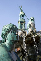 Germany, Berlin, Mitte, The Neptune Fountain or Neptunbrunner by Reinhold Begas dated 1891 with a female statue representing the Elbe one of the four main rivers of Prussia beside Marienkirche St Mary...
