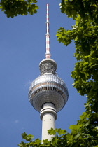 Germany, Berlin, Mitte, The Fernsehturm TV Tower near Alexanderplatz seen through trees against a blue sky.