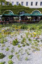 Germany, Berlin, Mitte, The Brauhaus Georgbreau brewery and restaurant bar in the St Nicholas Quarter the Nikolaiviertel with diners seated at tables under umbrellas beside plants planted in gravel in...