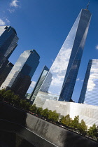 USA, New York, Lower Manhattan, One World Trade Center skyscraper, the tallest building in the city, and the South Memorial Pool.