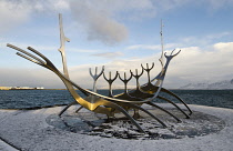 Iceland, Reykjavik, Solfar stainless steel sculpture of a Viking ship by Jon Gunnar Arnason.