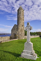 Ireland, County Offaly, Clonmacnoise Monastic Settlement, Temple Finghín and  McCarthy's Tower.