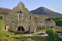 Ireland, County Mayo, Murrisk Abbey with holy pilgrimage mountain Croagh Patrick behind.