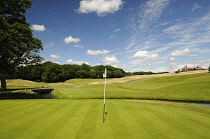 Sport, Leisure, Golf, View of 10th Green on the East Course with The Clubhouse in background, East Sussex National East Sussex England.