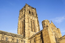 England, County Durham, Durham Central tower and south transept, Durham Cathedral viewed from the cloisters.