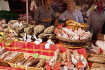 France, Normandy, Le Havre, A Sausage stall in Seafood market.