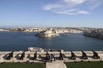 Malta, Valletta, Cannon Battery overlooking Grand Harbour.