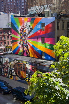 USA, New York, Manhattan, colourful mural by Brazilian street artist Kobra depicting the photograph by Alfred Eisenstaedt titled V-J Day in Times Square beside the High Line linear park on 25th Street...