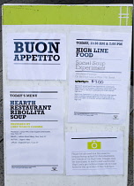 USA, New York, Manhattan, advertsement for a social soup experiment by Hearth Restaurant in the 14th Street Passage on the High Line linear park on an elevated disused railroad spur called the West Si...