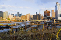 USA, New York, Manhattan, wild plant area and original rails of the disused elevated West Side Line railroad making the High Line linear park beside the Hudson Rail Yards with trains at the north end...