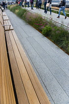 USA, New York, Manhattan, wooden benches on the High Line linear park on an elevated disused railroad spur called The West Side Line.