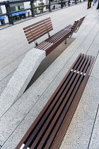 USA, New York, Manhattan, wooden benches on the High Line linear park on an elevated disused railroad spur called The West Side Line.