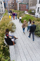 USA, New York, Manhattan, people walking through the Wildflower Field on the High Line linear park on a disused elevated railroad spur called the West Side Line running between high rise buildings in...