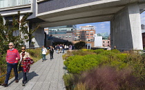 USA, New York, Manhattan, people walking in The Gansevoort Woodland on the High Line a linear park on an elevated disused railroad called the West Side Line.