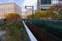 USA, New York, Manhattan, 14th Street entrance to the High Line linear park on an elevated disused railroad spur called the West Side Line with plants in autumn colours.