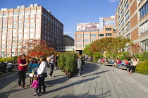 USA, New York, Manhattan, people walking along a path beside plants in autumn colours on the sundeck leading to the Chelsea Market Passage on the High Line linear park on a disused elevated railroad s...