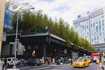 USA, New York, Manhattan, The Gansevoort Woodland at the southern end of the High Line linear park named the Tiffany and Co Foundation Overlook at the junction of Washington Street and Gansevoort Stre...