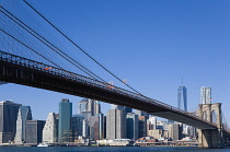 USA, New York, skyscrapers of Lower Manhatten and the suspension bridge spanning the East River seen from Brooklyn Bridge Park.