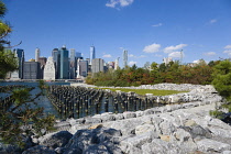 USA, New York, Lower Manhattan skyline skyscrapers seen from Brooklyn Bridge Park with wooden piles and saltmarsh of Pier One in the East River.