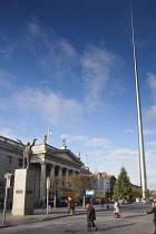 Ireland, Dublin, O'Connell Street, Statue of Jim Larkin outside the GPO, with the Spire sculpture.