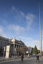 Ireland, Dublin, O'Connell Street, Statue of Jim Larkin outside the GPO, with the Spire sculpture.