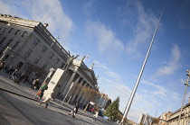 Ireland, Dublin, O'Connell Street, Statue of Jim Larkin outside the GPO, with the Spire sculpture.